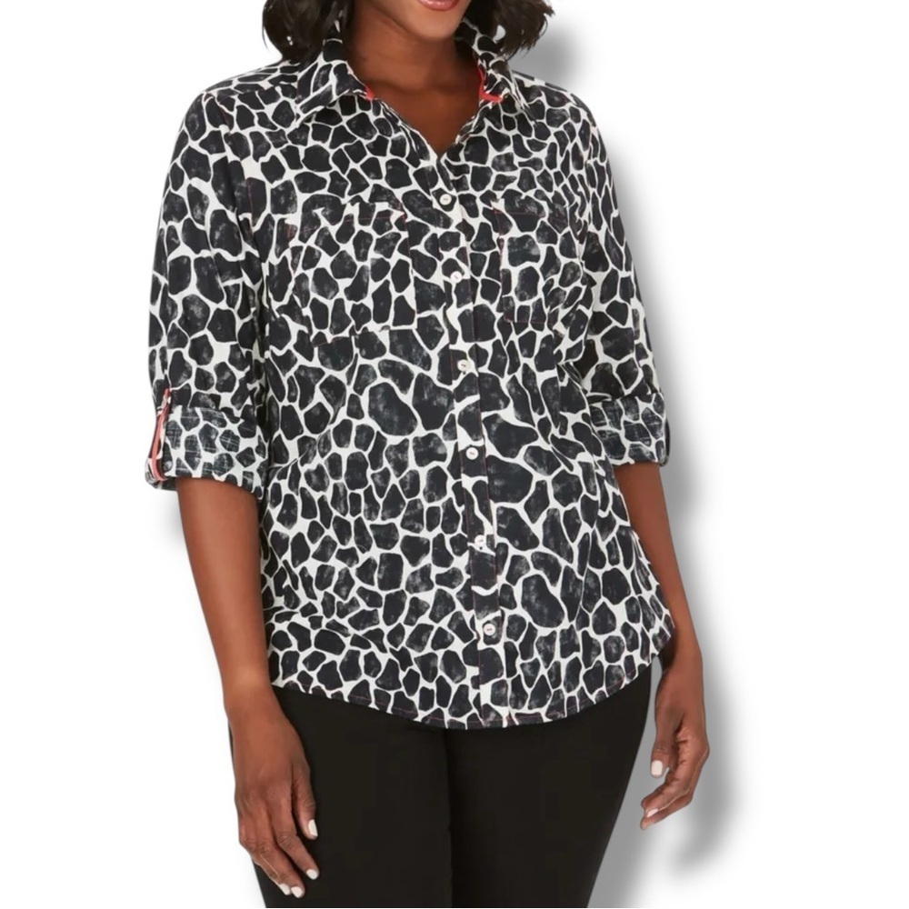 FOXCROFT Zoey Printed Button-Down Shirt - Navy/Ivory Giraffe Print 14W